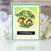 Sunny Studio Stamps Hanging Monkeys Yellow & Green Birthday Card using Frilly Frames Herringbone Metal Cutting Dies