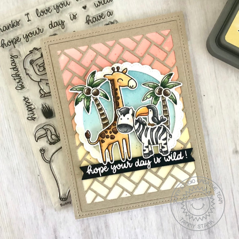 Sunny Studio Stamps Giraffe & Zebra Jungle Card with basket weave background using Frilly Frames Herringbone Cutting Dies