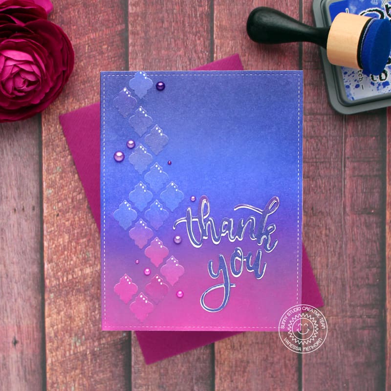 Sunny Studio Stamps Royal Blue & Purple Ombre Thank You Card (using Frilly Frames Quatrefoil Metal Cutting Dies)