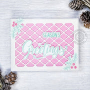 Sunny Studio Stamps Pastel Pink, Aqua & White Season's Greetings Holiday Christmas Card (using Frilly Frames Quatrefoil Metal Cutting Dies)