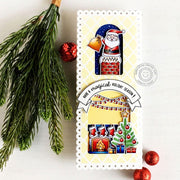 Sunny Studio Stamps Have A Magical Holiday Season Santa going down Chimney with Fireplace & Stockings Christmas Slimline Card (using Frilly Frames Quatrefoil Dies)