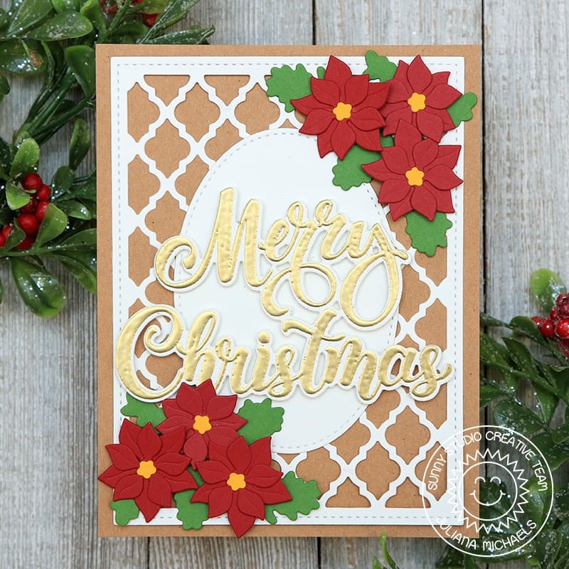 Sunny Studio Stamps "Merry Christmas" Classic Traditional Poinsettia Handmade Holiday Card (using Frilly Frames Quatrefoil Metal Cutting Dies)