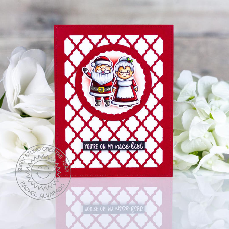 Sunny Studio Red & White You're On My Nice List Santa & Mrs. Claus Holiday Christmas Card (using Frilly Frames Quatrefoil Metal Cutting Dies)