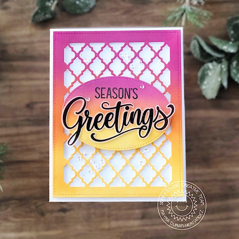 Sunny Studio Stamps Season's Greetings Clean & Simple Pink to Yellow Ombre Handmade Holiday Christmas Card (using Stitched Ovals Metal Cutting Dies)