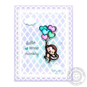 Sunny Studio Stamps Monkey with Balloons Card by Anja using Frilly Frames Lattice Background Metal Cutting Dies as a stencil