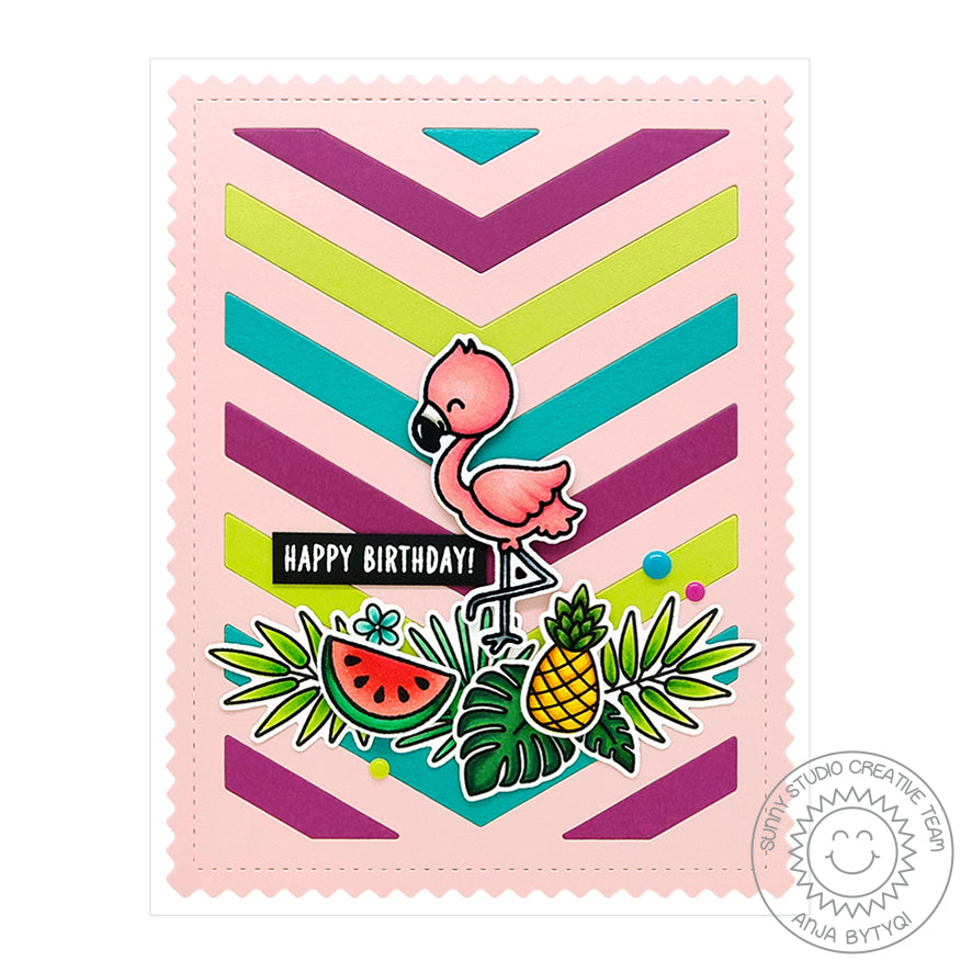 Sunny Studio Stamps Flamingo Summer Birthday Card (using Frilly Frames Chevron Background Metal Cutting Die)