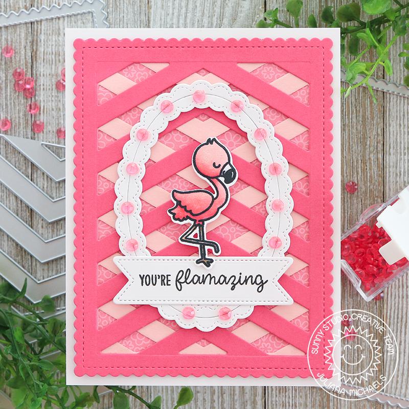 Sunny Studio Stamps Monochromatic Pink Flamingo Lattice Card (using Frilly Frames Chevron Metal Cutting Dies)