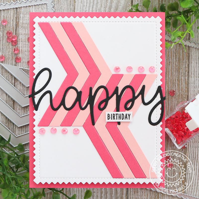 Sunny Studio Stamps Graphic Clean & Simple CAS Pink Striped Birthday Card (using Frilly Frames Chevron Metal Cutting Dies)