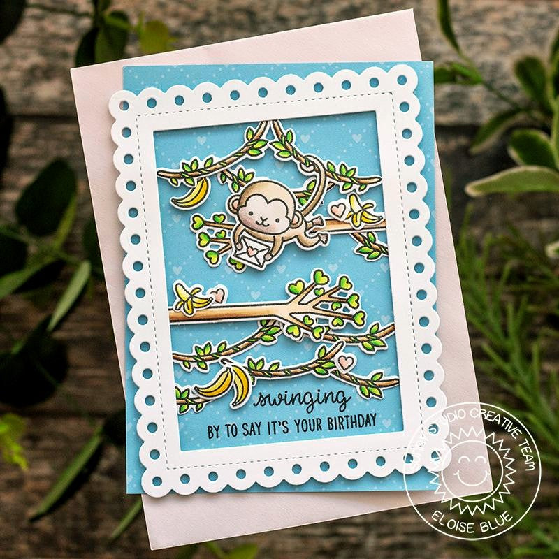 Sunny Studio Stamps Swinging By To Say Happy Birthday Monkey Puns Handmade Card (using Frilly Frames Polka-dot Metal Cutting Dies)