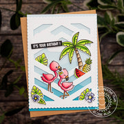 Sunny Studio Stamps Tropical Paradise Summer Flamingos and Palm Tree Card (using Frilly Frames Chevron Metal Cutting Die)