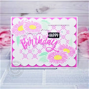 Sunny Studio Stamps Happy Birthday Scalloped Daisy Spring Card using Frilly Frames Eyelet Lace Background Metal Cutting Dies