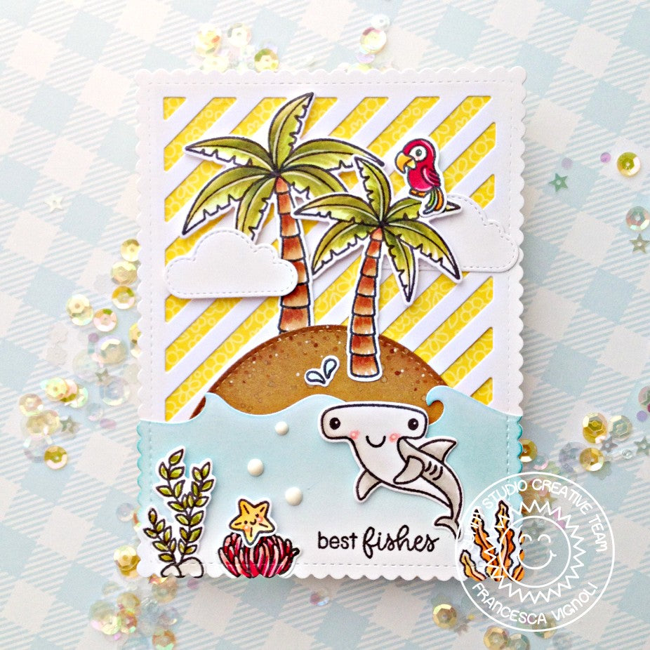 Sunny Studio Island Beach Themed Summer Card (using Fluffy Clouds Stitched Metal Cutting Dies)