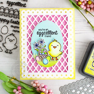 Sunny Studio Stamps Easter Chick With Basket Scalloped Card (using Frilly Frames Lattice Background Metal Cutting Dies)