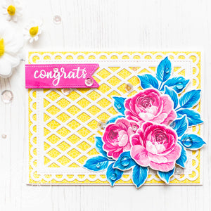 Sunny Studio Stamps Everything's Rosy Layered Rose Teal, Yellow & Pink Congrats Card by Mona Toth