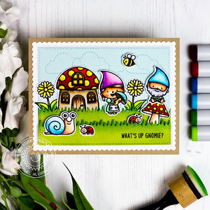 Sunny Studio Stamps Gnomes & Backyard Bugs Summer Card (using Fluffy Clouds stitched metal dies for background)