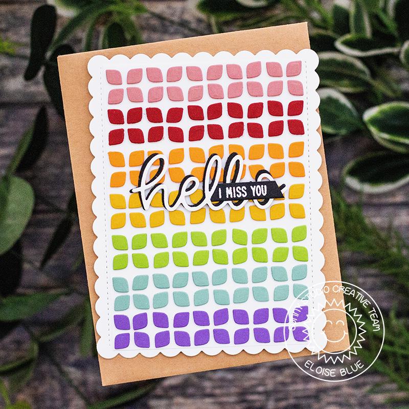 Sunny Studio Stamps Frilly Frames Retro Petals Rainbow Hello Handmade Card by Eloise Blue