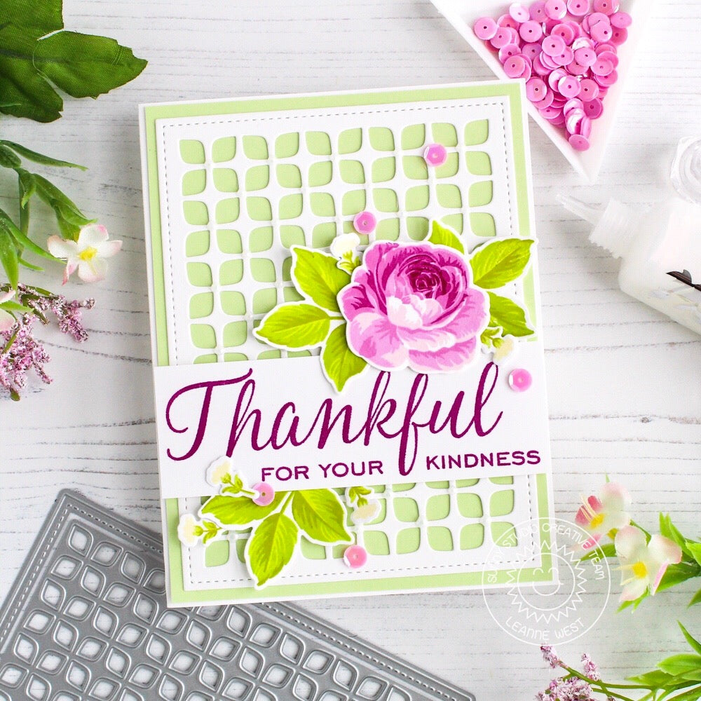 Sunny Studio Stamps Thankful for your kindness Layered Rose Card by Leanne West (using Frilly Frames Retro Petals Stitched Backdrop Dies)