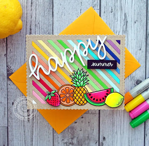 Sunny Studio Stamps Fresh & Fruity Strawberry, Pineapple, Orange, Watermelon & Lemon Rainbow Striped Summer Card