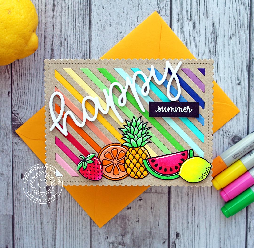Sunny Studio Stamps Strawberry, Orange, Pineapple, Watermelon & Lemon Fruit Themed Rainbow Striped Summer Card (using Happy Word Die)