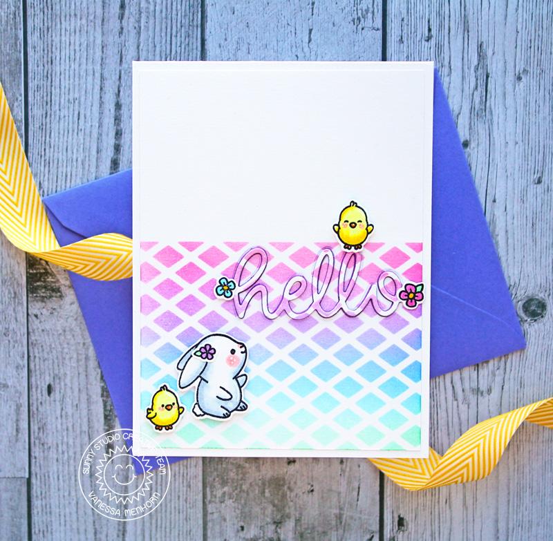 Sunny Studio Stamps Hello Bunny Easter Card by Vanessa Menhorn (using Frilly Frames Lattice Metal Cutting Dies as a stencil)