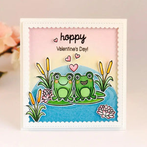 Sunny Studio Punny Hoppy Valentine's Day Boy & Girl Frog Snuggling on Lily Pads in Pond Card (using Froggy Friends 4x6 Clear Stamps)