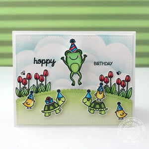 Sunny Studio Hoppy Birthday Leaping Frog with Turtles & Chicks Wearing Party Hats Card (using Froggy Friends 4x6 Clear Stamps)