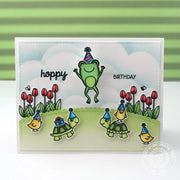 Sunny Studio Hoppy Birthday Leaping Frog with Turtles & Chicks Wearing Party Hats Card (using Turtley Awesome Clear Stamps)