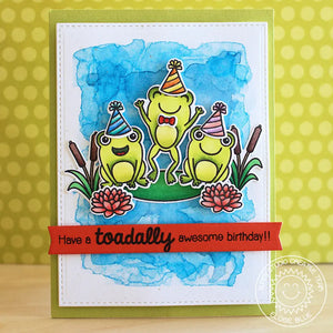 Sunny Studio Toadally Awesome Birthday Punny Frogs on Lily Pads Card with Watercolor Background (using Froggy Friends Clear Stamps)