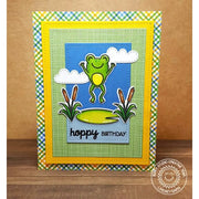 Sunny Studio Frog Leaping Off Lily Pad with Cattails Hoppy Birthday Punny Card (using Froggy Friends 4x6 Clear Stamps)