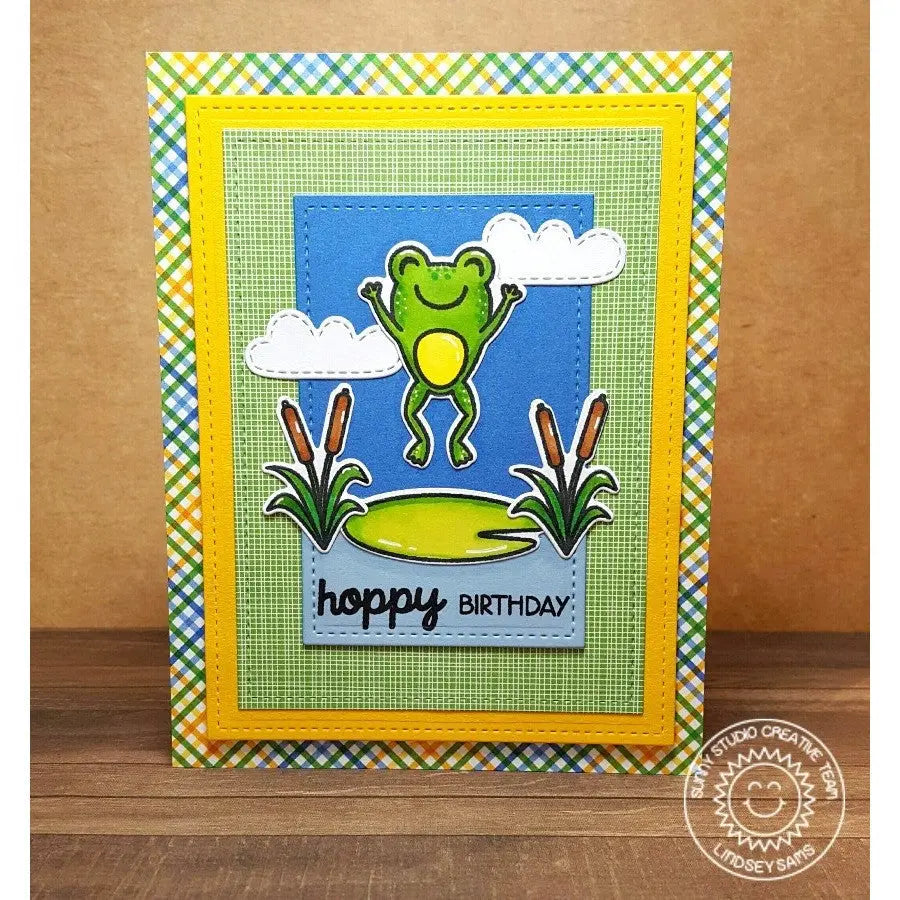 Sunny Studio Frog Leaping Off Lily Pad with Cattails Hoppy Birthday Punny Card (using Froggy Friends 4x6 Clear Stamps)