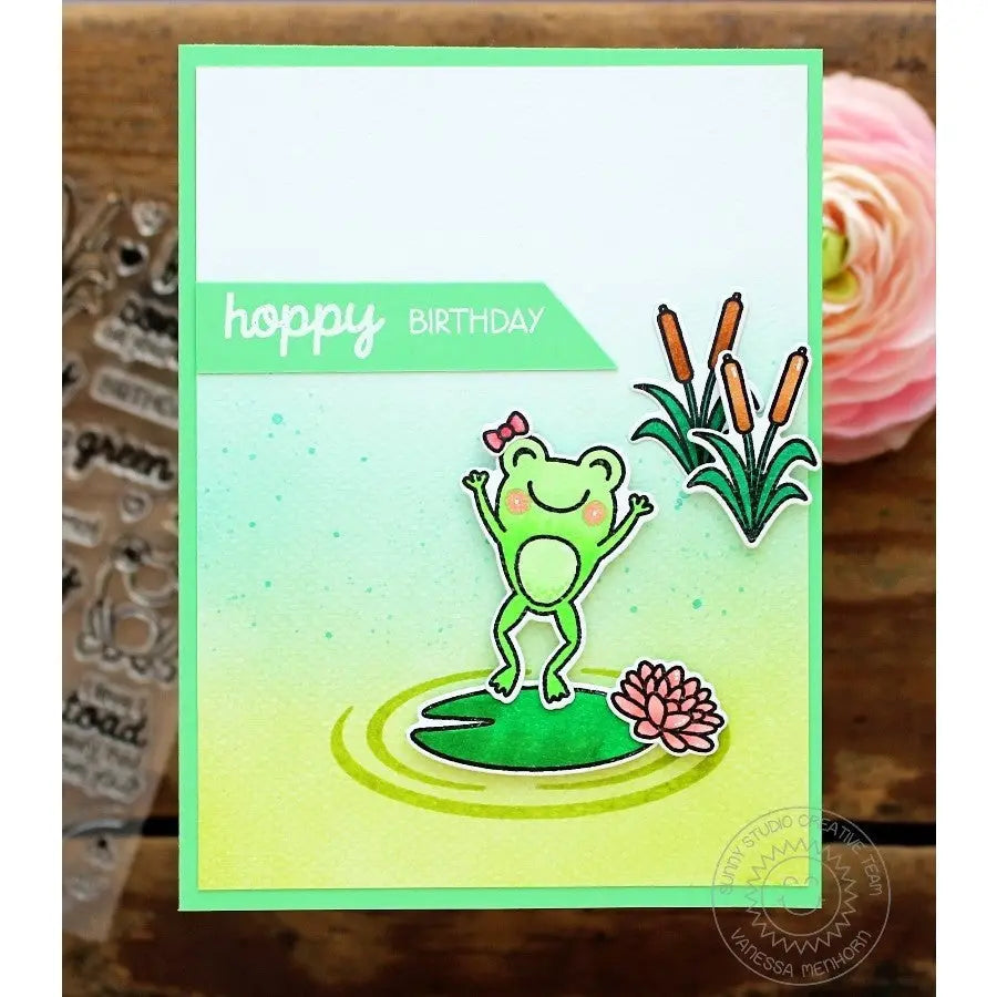 Sunny Studio Frog Leaping on Lily Pad with Cattails in Pond CAS Punny Hoppy Birthday Card (using Froggy Friends 4x6 Clear Stamps)