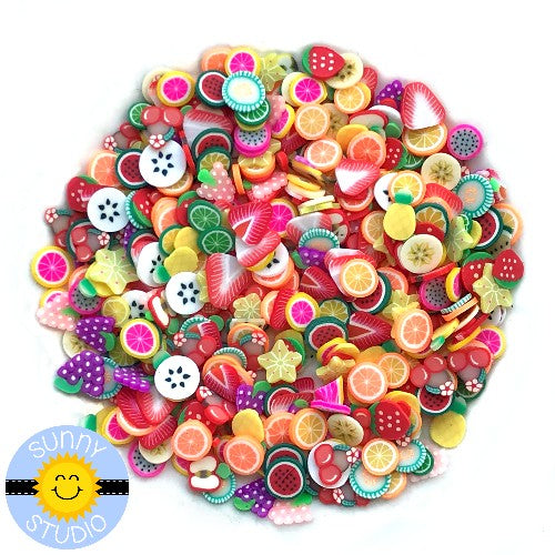 Sunny Studio Stamps 5mm fruit confetti mix with strawberries, lemons, limes, oranges, grapes, banana chips, pineapple, grapefruit, apples, watermelon & kiwi slices Clay Embellishments for Shaker Cards