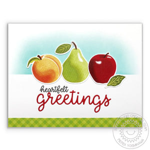 Sunny Studio Stamps Heartfelt Greetings Layering Peach, Pear & Apple Fruit Themed Fall Card using Word Metal Cutting Die