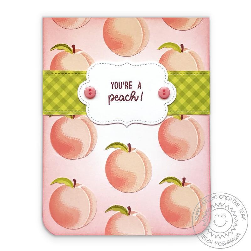 Sunny Studio Stamps Fruit Cocktail You're A Peach Pink & Green Gingham Card by Mendi Yoshikawa