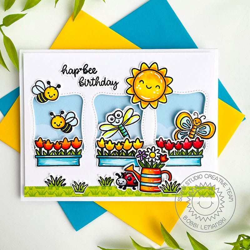 Sunny Studio Hap-bee Birthday Punny Dragonfly, Bumblebee, Butterfly & Ladybug Card (using Garden Critters 4x6 Clear Stamps)