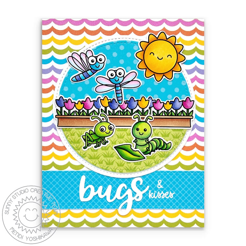 Sunny Studio Stamps Bugs & Kisses Dragonflies, Grasshopper & Caterpillar Rainbow Card (using Spring Fever 6x6 Paper)