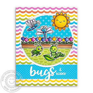 Sunny Studio Bugs & Kisses Rainbow Dragonfly, Grasshopper, & Caterpillar Spring Card using Hayley Lowercase Alphabet Dies