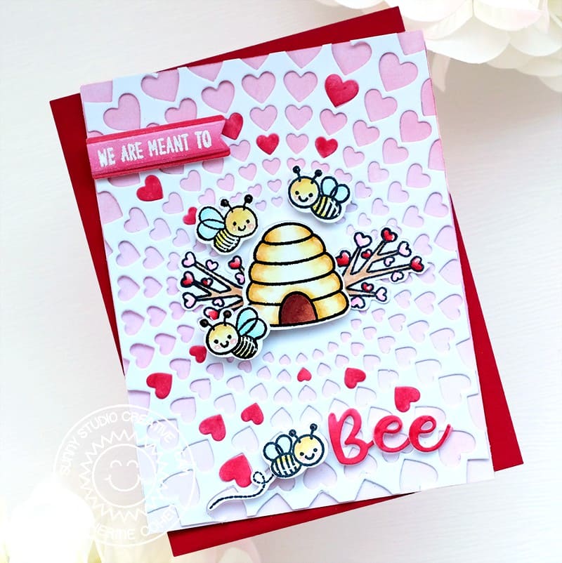 Sunny Studio We Are Meant To Bee Punny Bumblebee & Beehive Valentine's Day Card (using Bursting Hearts Metal Cutting Dies)