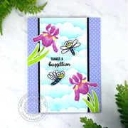Sunny Studio Thanks A Buzzillion Dragonfly & Iris Flowers Punny Thank You Card (using Spring Bouquet Clear Layering Stamps)