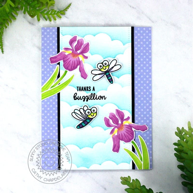Sunny Studio Thanks A Buzzillion Dragonfly & Iris Flowers Punny Thank You Card (using Spring Bouquet Clear Layering Stamps)