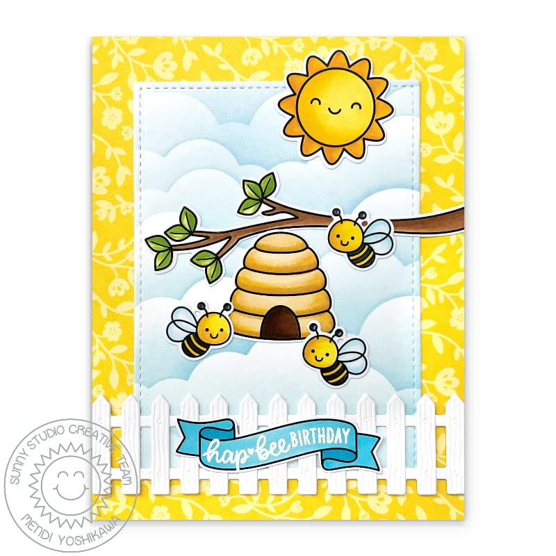 Sunny Studio Hap-bee Birthday Bumblebee Honey Bee, Beehive & Tree Branch Card (using Garden Critters Clear Stamps)