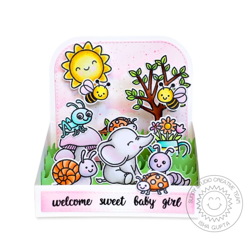 Sunny Studio Welcome Sweet Baby Girl Elephant with Garden Bugs Pop-up Box Card (using Baby Elephants 4x6 Clear Stamps)