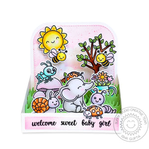 Sunny Studio Welcome Sweet Baby Girl Elephant with Garden Bugs Pop-up Box Card (using Garden Critters 4x6 Clear Stamps)