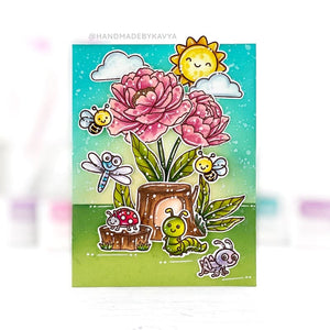 Sunny Studio Bugs, Grasshopper, Dragonfly, Honey Bees & Ladybug in Flower Garden Card (using Pink Peonies 4x6 Clear Stamps)