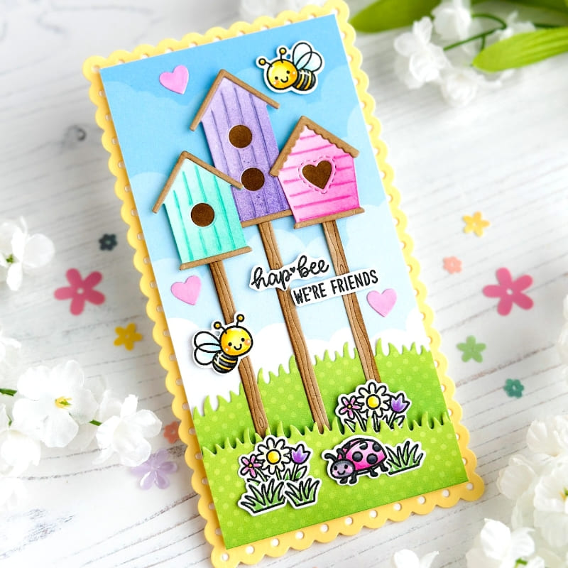 Sunny Studio Hap-bee We're Friends Bumblebees & Laydbug Spring Birdhouse Slimline Card (using Garden Critters Stamps)