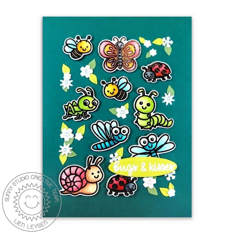 Sunny Studio Bugs & Kisses Dragonfly, Butterfly, Snail, Honeybee, Ladybug & Grasshopper Card (using Garden Critters Stamps)