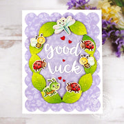 Sunny Studio Bee, Ladybug, Grasshopper & Dragonfly Leaf Frame Scalloped Good Luck Card using Hayley Lowercase Alphabet Dies