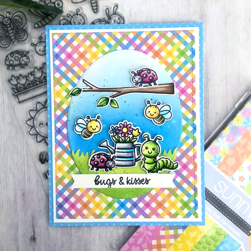 Sunny Studio Ladybug, Bee & Caterpillar Bugs & Kisses Spring Rainbow Gingham Card (using Garden Critters 4x6 Clear Stamps)