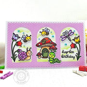 Sunny Studio Stamps Snail, Caterpillar, Bee & Dragonfly Arched Slimline Birthday Card using Stitched Arch Metal Cutting Dies