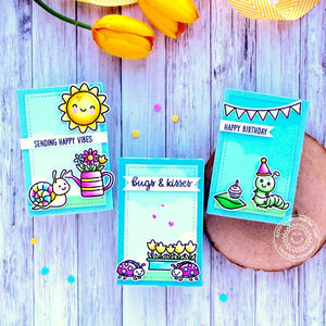 Sunny Studio Caterpillar, Snail & Ladybugs Punny Bugs Mini Birthday Card Set (using Garden Critters 4x6 Clear Stamps)